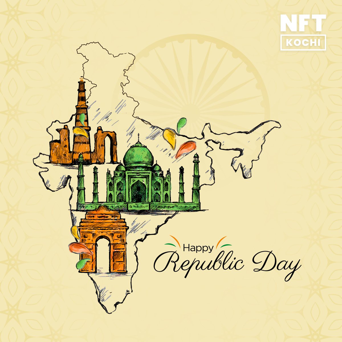 NFTKochi's tweet photo. NFT Kochi wishes you a Very Happy Republic Day! 🇮🇳

Creative by : @ZookStudio

#nftkochi #NFTCochin #MetaconIndia #republicday #73rdrepublicday #nfts #india https://t.co/KzuolpMlpm