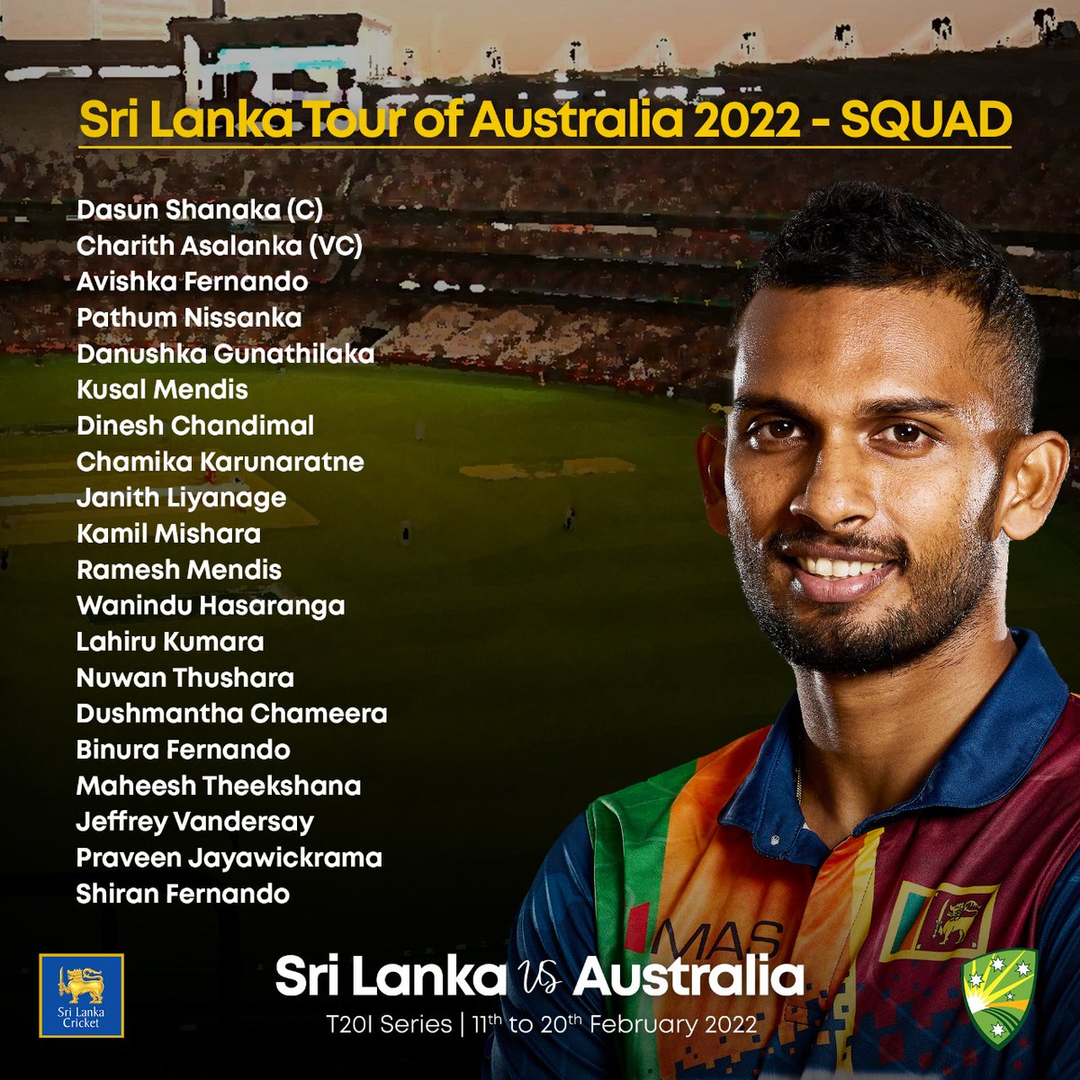 OfficialSLC's tweet photo. Here's your 🇱🇰 T20I squad for Australia tour 2022 👀 ⬇️

#AUSvSL https://t.co/ZaVLZIT2ht