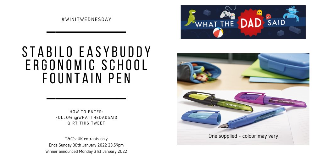 [AD-GIFTED] Time for #WinItWednesday!

* Follow @whatthedadsaid and RT to win a STABILO EASYbuddy Ergonomic School Fountain Pen amzn.to/3ASvDSl [AFF]
* Ends Sun 30th January 2022 23.59pm
* UK only

Full T&amp;C's: bit.ly/32WL76J