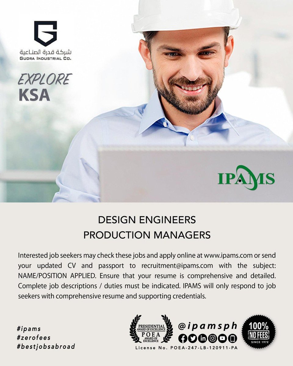 ipamsph's tweet photo. Saudi's Gudra Industrial needs more Pinoy workers! Send your CV and other requirements to resumes@ipams.com SUBJECT: NAME/position #KSAjobs #absolutelynofees #bestjobsabroad https://t.co/iIfzLbGt6t