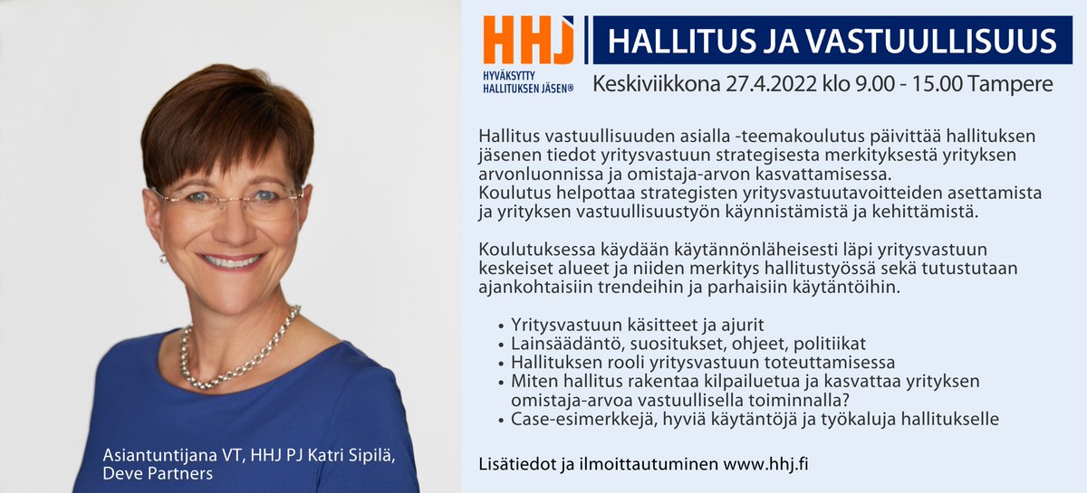 Vastuullisuus = uusi normaali. Miten vastuullisuustyö käynnistetään? Mikä on hallituksen rooli yritysvastuun toteuttamisessa? Miten hallitus rakentaa kilpailuetua vastuullisella toiminnalla? Asiantuntijana <a href="/sipilakatri/">Katri Sipilä</a>, <a href="/DevePartners/">Deve Partners</a>. Lue lisää: palvelu.hhj.fi/kauppakamarit/… #hhj