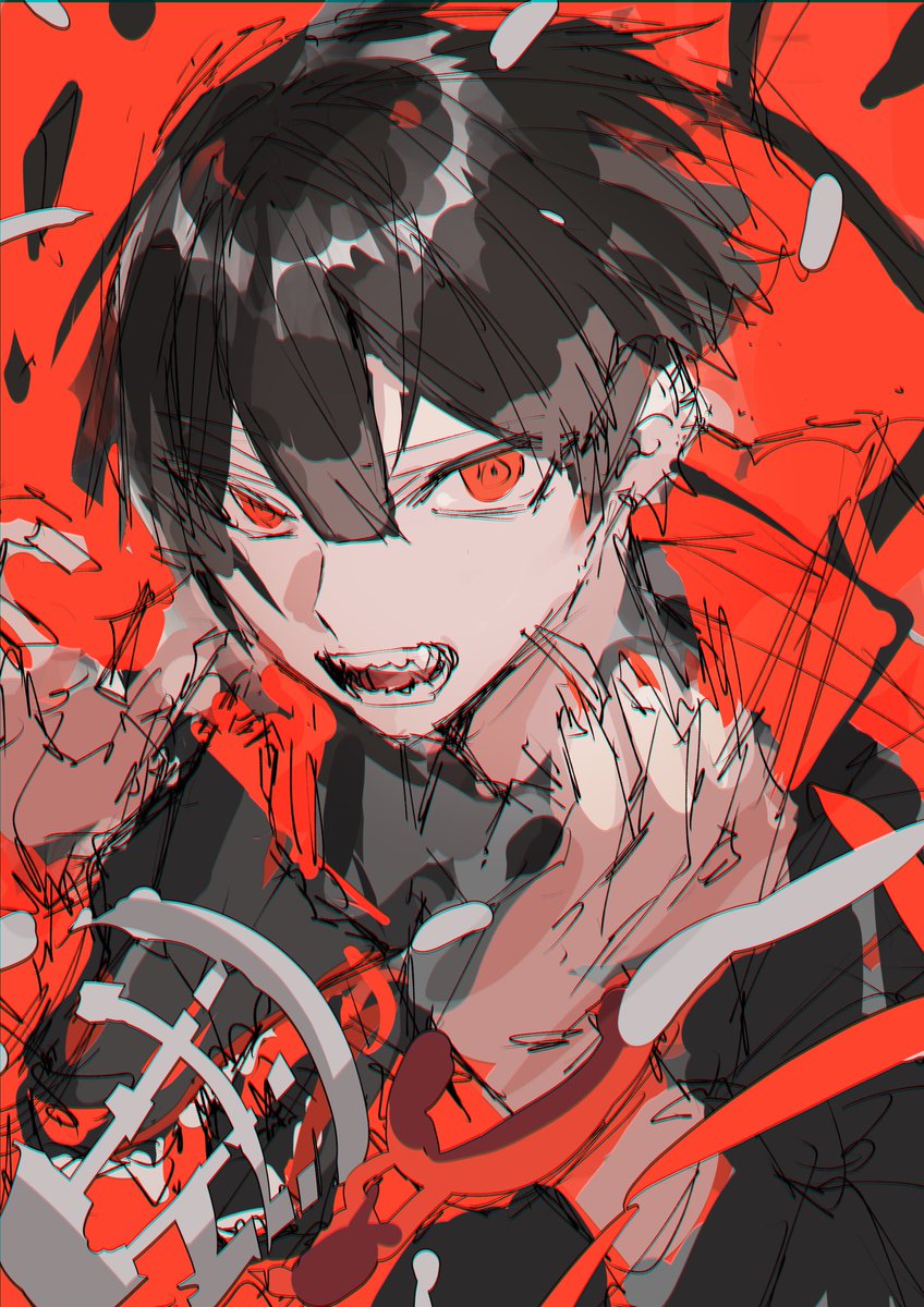 1boy male focus solo red eyes sketch black hair open mouth  illustration images