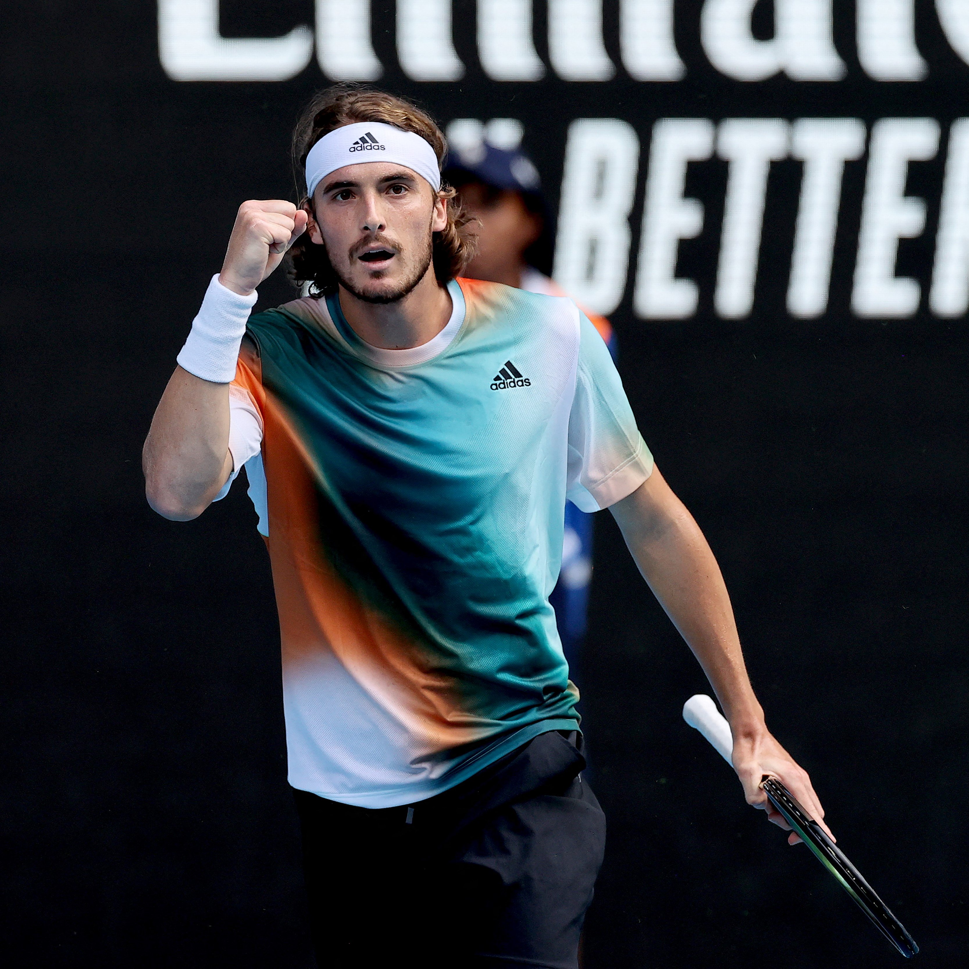 Greece's Stefanos Tsitsipas reacts after a point against Italy's Jannik Sinner during their men's singles quarter-final match on day ten of the Australian Open tennis tournament in Melbourne. 