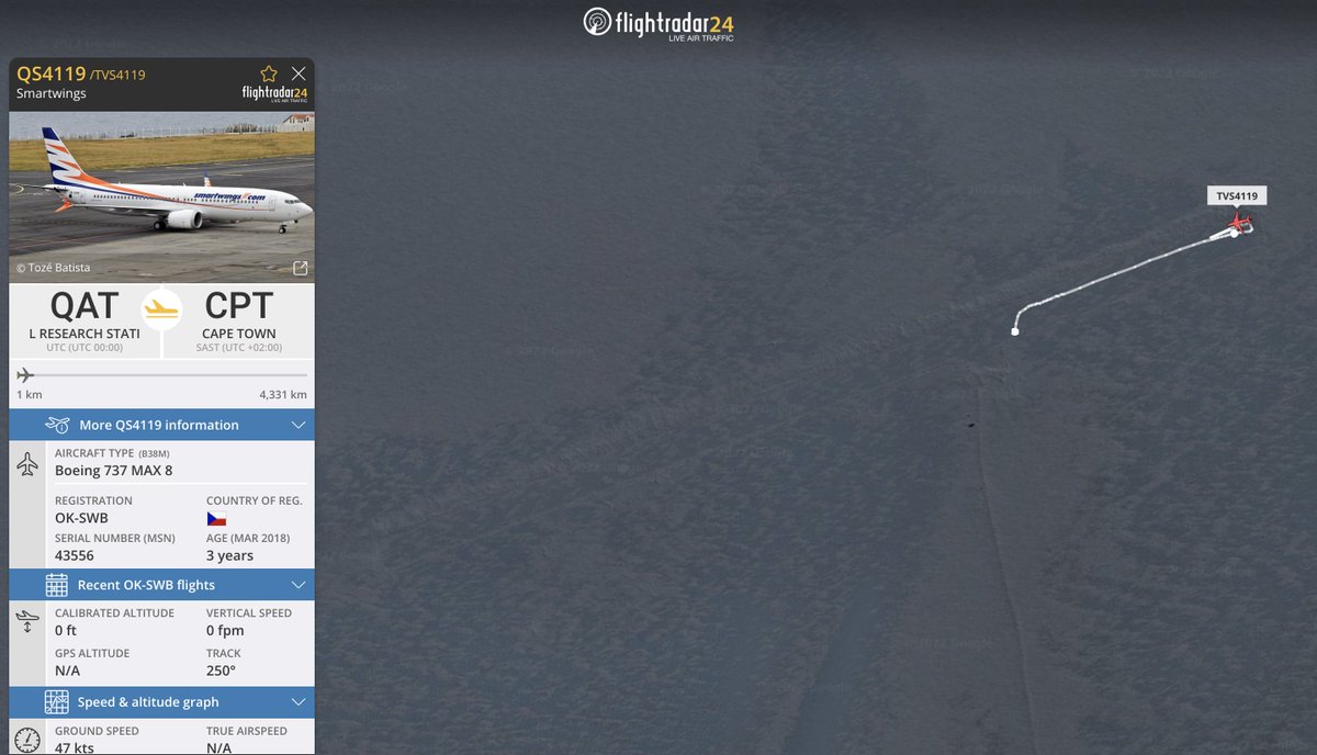 flightradar24's tweet photo. The first #737MAX to visit Antarctica has just departed Troll Airfield for Cape Town after bringing supplies and personnel to the @NorskPolar research station. https://t.co/X0J605TMon https://t.co/DufMEMLErH