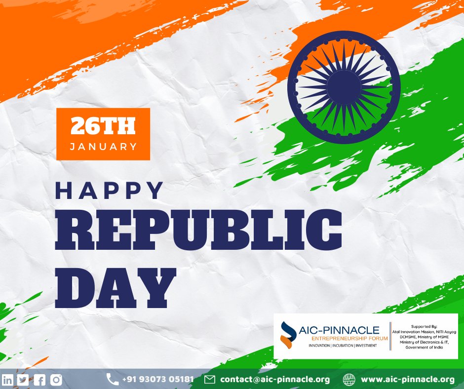 AicPinnacle's tweet photo. Freedom in the mind, strength in the words, pureness in our blood, and pride in our souls. Let’s salute our martyrs on Republic Day. Happy Republic Day!

#HappyRepublicDay #IndianFlag #atalincubationcentre #aicpinnacle #innovation #Incubation #Investment  #Pune https://t.co/NsY1ZvVOUU