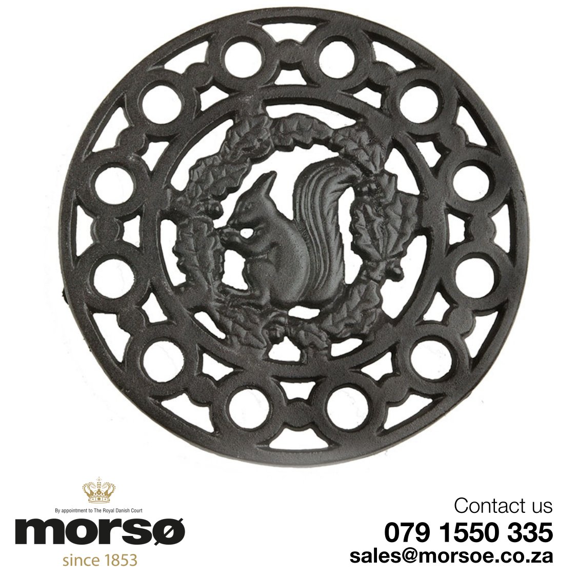 MorsoeSA's tweet photo. The squirrel insignia dates back all the way to the 18th century from the original Morsoe trademark.
Made with high quality cast iron, this trivet will keep your table and counter tops safe from any burns or stains.

Contact us on 079 1550 335 or at sales@morsoe.co.za

#morso https://t.co/QkSaq8iW5U