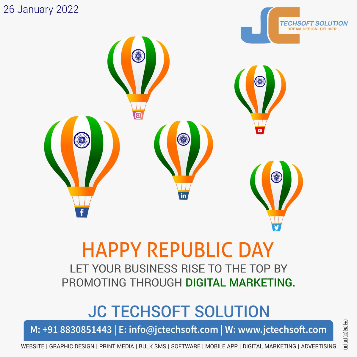 jctechsoft's tweet photo. Happy Republic Day!
Let your business rise to the top by promoting through Digital Marketing.
#happyrepublicday #Jan26 #republicday #webdesign #advertising #branding #seo #bulksms #Socialmedia #Digitalmarketing #printmedia #business #design #jctechsoft #jctechsoftsolution https://t.co/df8RdP1N6S