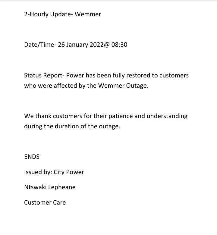 CityPowerJhb's tweet photo. #JourgUpdates #WemmerOutage
100% Power Supply has been restored to customers who were affected by the Wemmer Outage. ^NT https://t.co/KdnJrfCetC