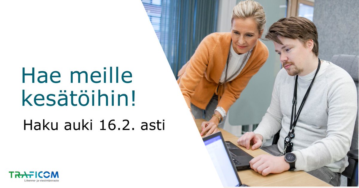 TraficomFinland's tweet photo. 🍀 Kesätyöhakumme on auki! Tarjolla on 35 paikkaa eri alojen opiskelijoille. Järjestämme kesätyöntekijöille perehdytysohjelman. Tule oppimaan uutta ja rakentamaan tulevaisuuden verkostojasi! 

Lue tarkemmin ja hae! 

▶️ https://t.co/g6kvviJfNC

#kesätyö #rekry #valtiollefi https://t.co/shYwncjexq