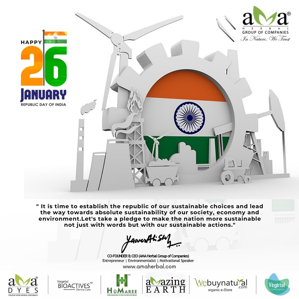 WeBuyNatural's tweet photo. A legacy can't be made in a day. Let's make The inheritance of the Indian Republic a sustainable bequest with our sustainable actions.
AMA Herbal Group is endeavouring the same with its sustainable products &amp; actions &amp; wishes you a very prosperous 73rd Republic Day, 26th Jan 2022 https://t.co/K3Cv5uhmI0