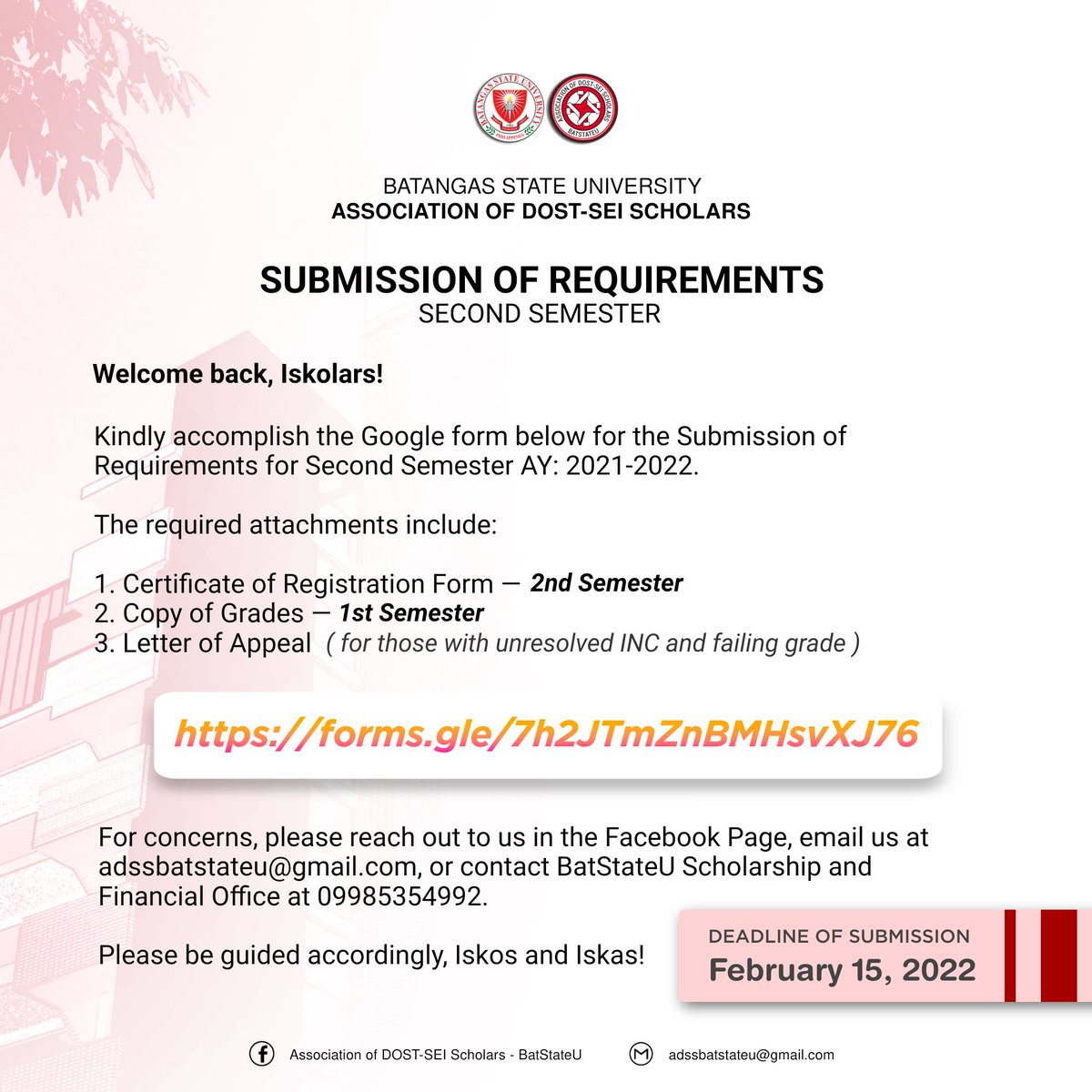 ADSSBatStateU's tweet photo. It's that time of the semester again Iskolars! Kindly accomplish the Google form below for the Submission of Requirements for Second Semester AY: 2021-2022. https://t.co/CPzMMDTD2Y