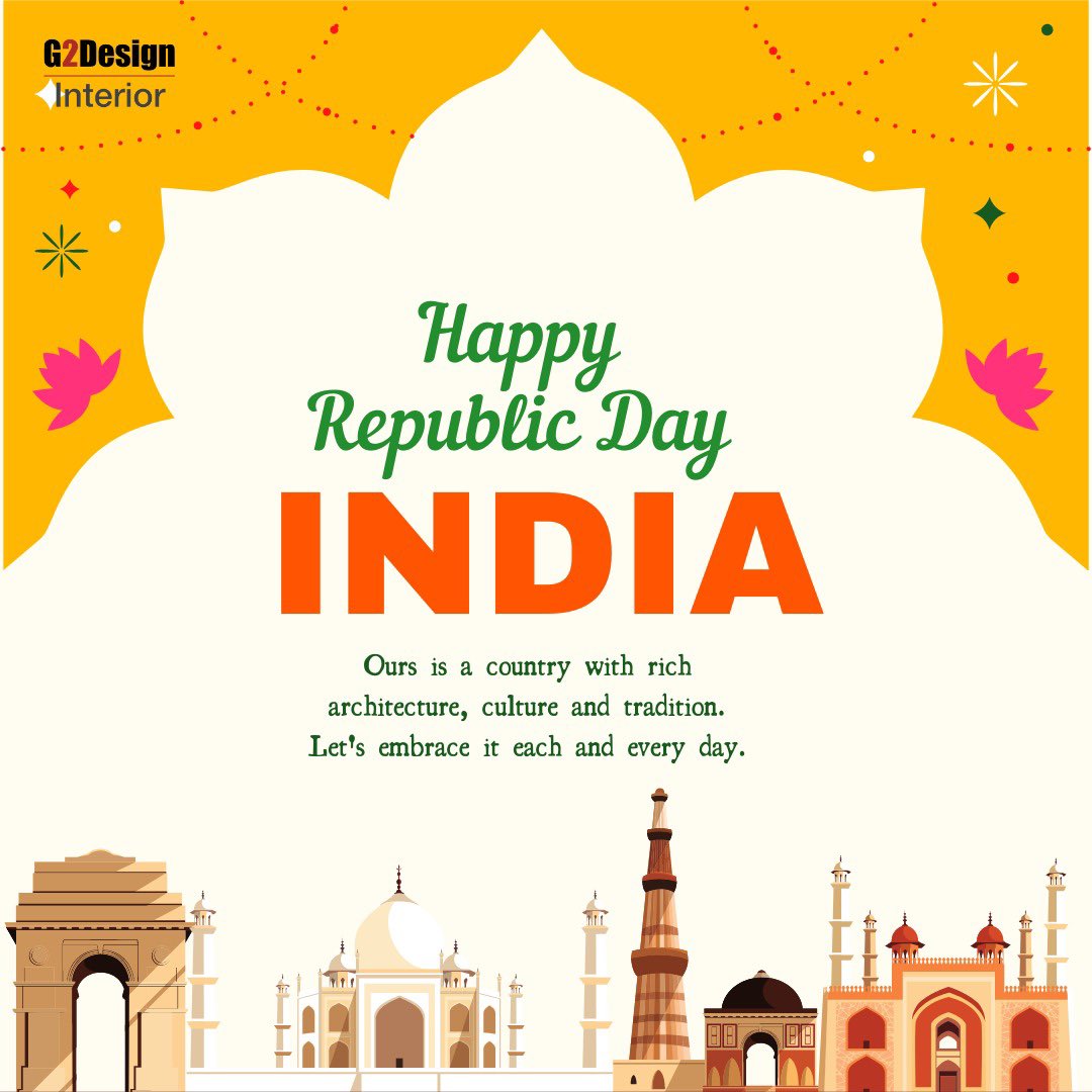 g2dinterior's tweet photo. Ours is a country with rich architecture, culture and tradition. Let's embrace it each and every day 🇮🇳 We wish you a very #HappyRepublicDay India!

#RepublicDay #republicdayofindia #india #freedom #indian #jaihind  #jaihind🇮🇳 #VandeMataram https://t.co/LhbY0rRBge