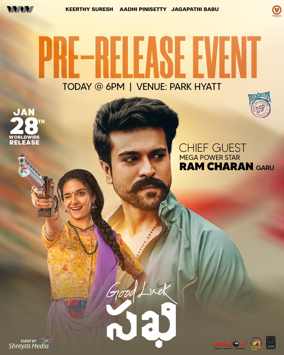 WorthAShotArts's tweet photo. Our 'CHIRU'THA @AlwaysRamCharan garu to grace the Grand Pre-release event of #GoodLuckSakhi💃!

📍Park Hyatt | Today 6:00PM Onwards 

#GoodLuckSakhiOn28thJan
@KeerthyOfficial @AadhiOfficial @ThisIsDSP #NageshKukunoor #DilRaju @sudheerbza @shravyavarma @WorthAShotArts https://t.co/wZ9rlGjwlS