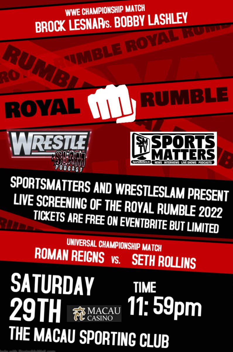 SlamWrestle's tweet photo. The road to Wrestlemania begins this Saturday and we've got a big night planned. 
Join us at the @MSCCASINO from 11:59pm with a live screening of the Royal Rumble. 

Limited Free tickets available in the link below. 

Presented by @SportsMattersTV

https://t.co/AVcp26kqOL https://t.co/sIbIpqhvvD