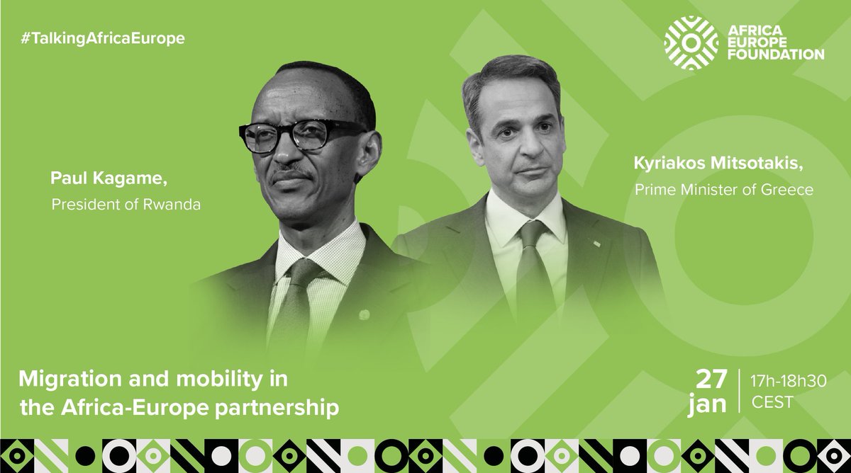 rbarwanda's tweet photo. Perezida Kagame na Minisitiri w'Intebe w'u Bugereki, Kyriakos Mitsotakis, biteganyijwe ko ku wa Kane bazitabira ikiganiro ku bijyanye n'uburyo habaho ubufatanye mu kunoza ibirebana n'urujya n'uruza hagati ya Afurika n'u Burayi.
Ni ikiganiro cyateguwe na Africa-Europe Foundation. https://t.co/XmzvuM0UuU