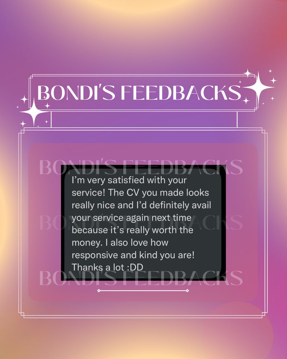 workbybondi's tweet photo. Thank you so much client! ✨🤍 If you're looking for someone to commission in doing your CV or resume, message me for more details!
#FeedbacksofBondi https://t.co/eAUIIRqoSL