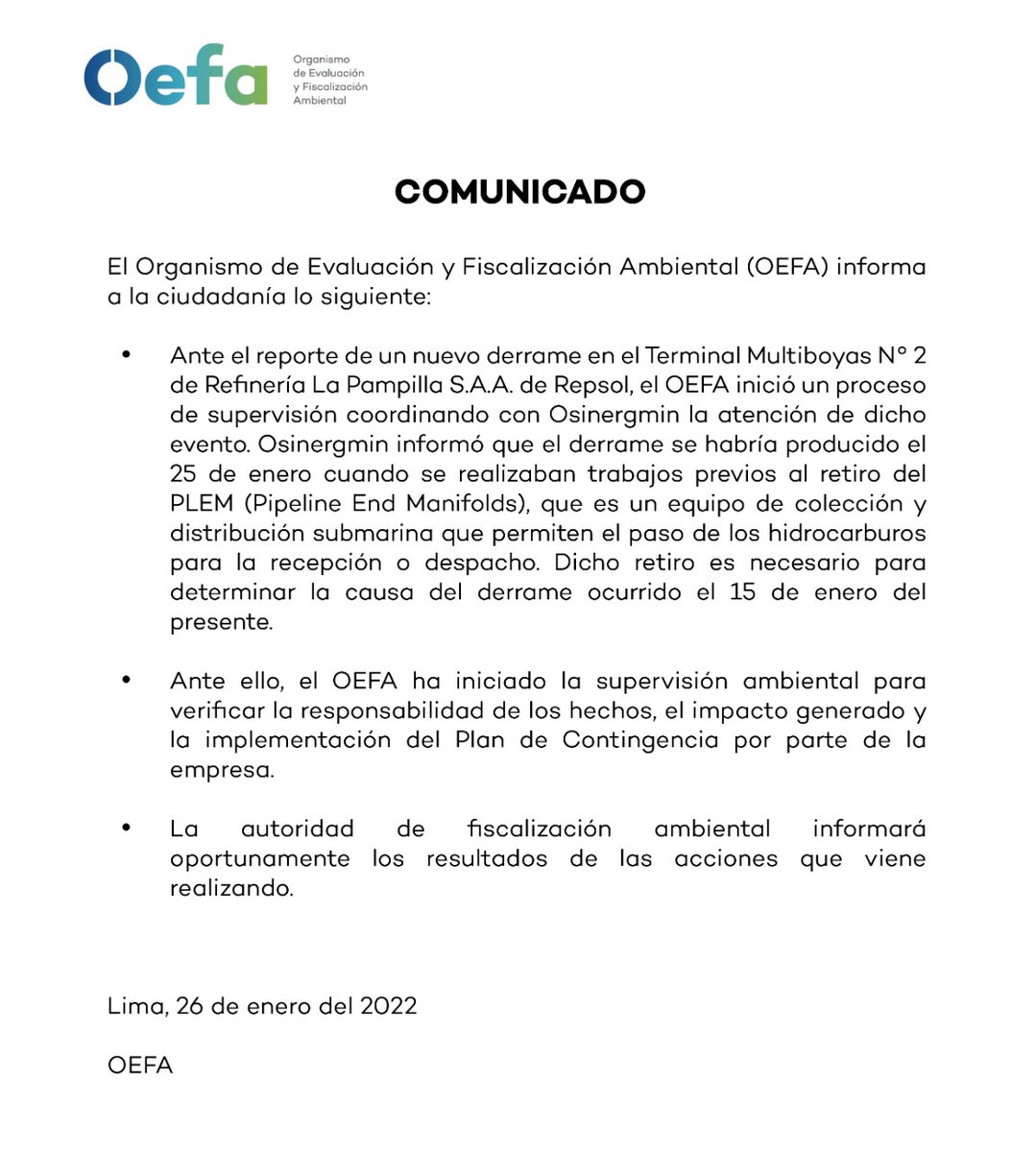 OEFAperu's tweet photo. 📢COMUNICADO
OEFA informa a la ciudadanía lo siguiente: https://t.co/YymofSnr1U