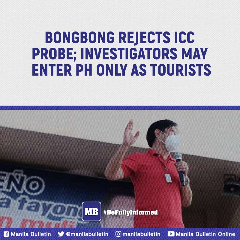 manilabulletin's tweet photo. If elected president, aspirant Ferdinand “Bongbong” Marcos Jr. will allow members of the International Criminal Court (ICC) to go to the country, but only as tourists and not as investigators.

READ: https://t.co/NlBt5Ccg5b https://t.co/hTh0POF2Mp