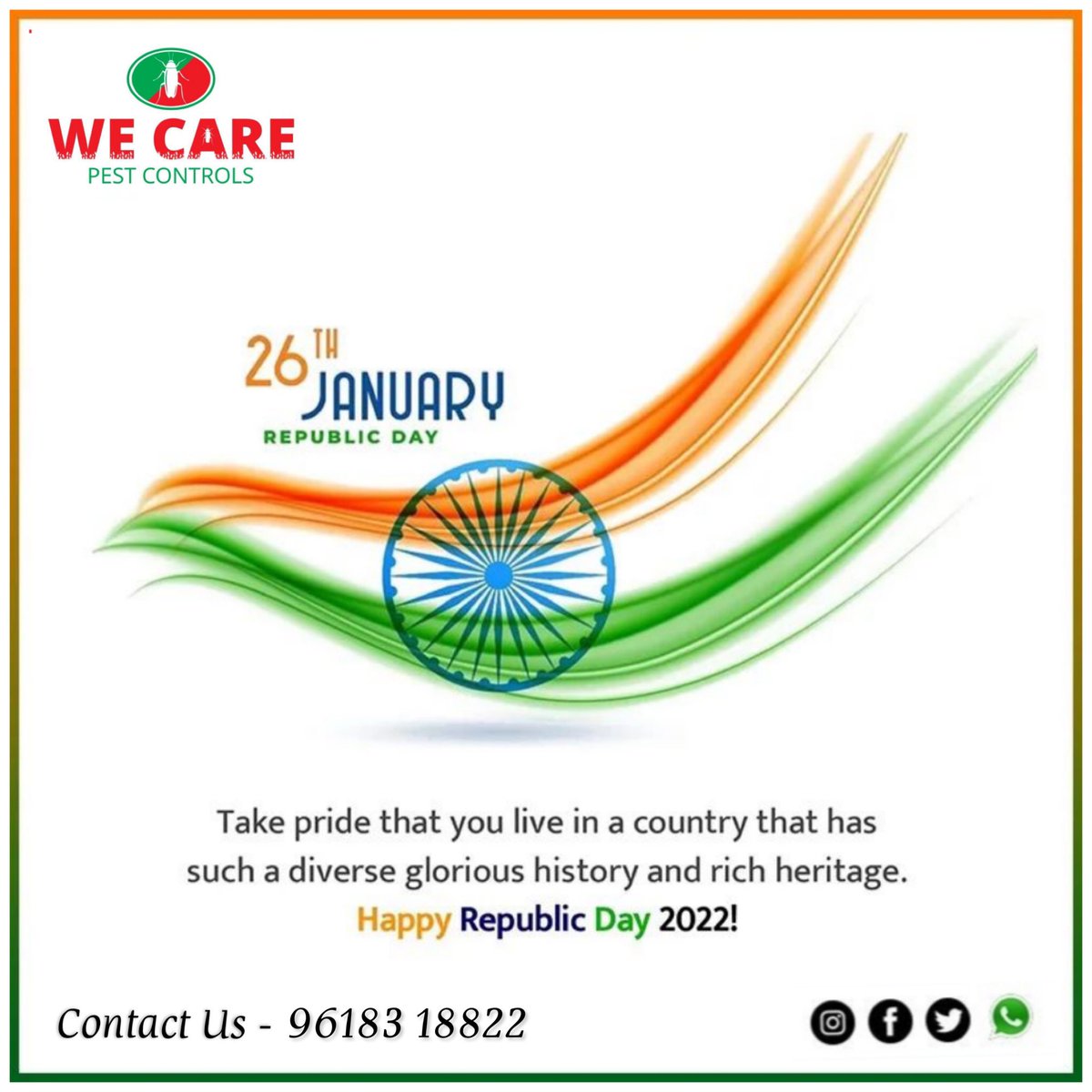 we_pest's tweet photo. Freedom in mind,
Faith in our heart,
Memories in our souls.
Let us remember the golden heritage of our country and feel proud to be a part of INDIA.
We Care Pest Controls wishes everyone a Happy Republic Day.

Wecare Pestcontrol
Wecare Pestcontrols
Tif Telangana
.
.
. https://t.co/OCZVs0ci2c