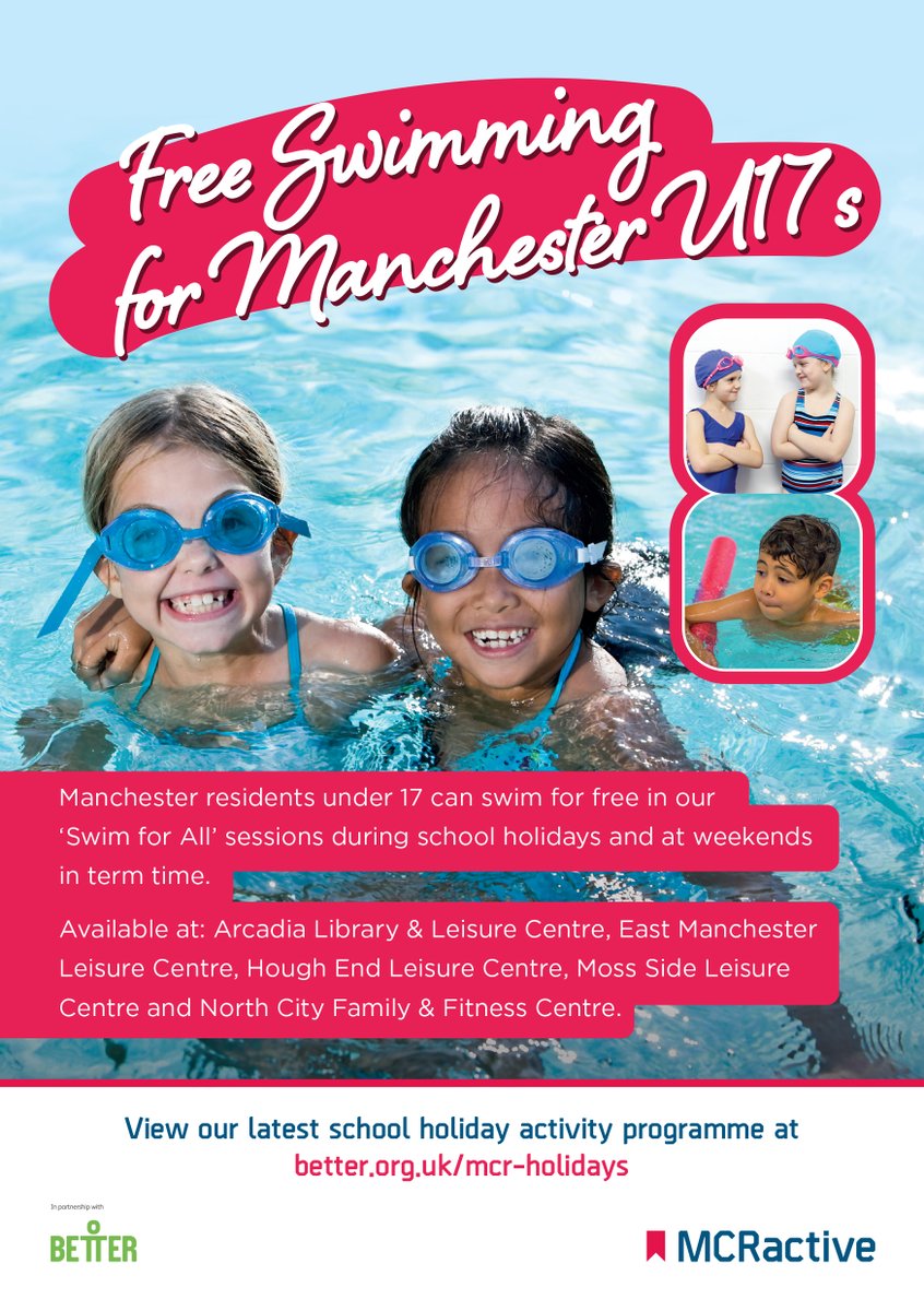 Abraham_Moss's tweet photo. Under 17's can swim for free with the 'Swim for All' sessions during school holidays and at weekends in term time with @MCRActive. Available at leisure centres throughout the North West. See the flyer for how to take advantage of this great opportunity! https://t.co/aheZmU5igE https://t.co/057MkTEpxo