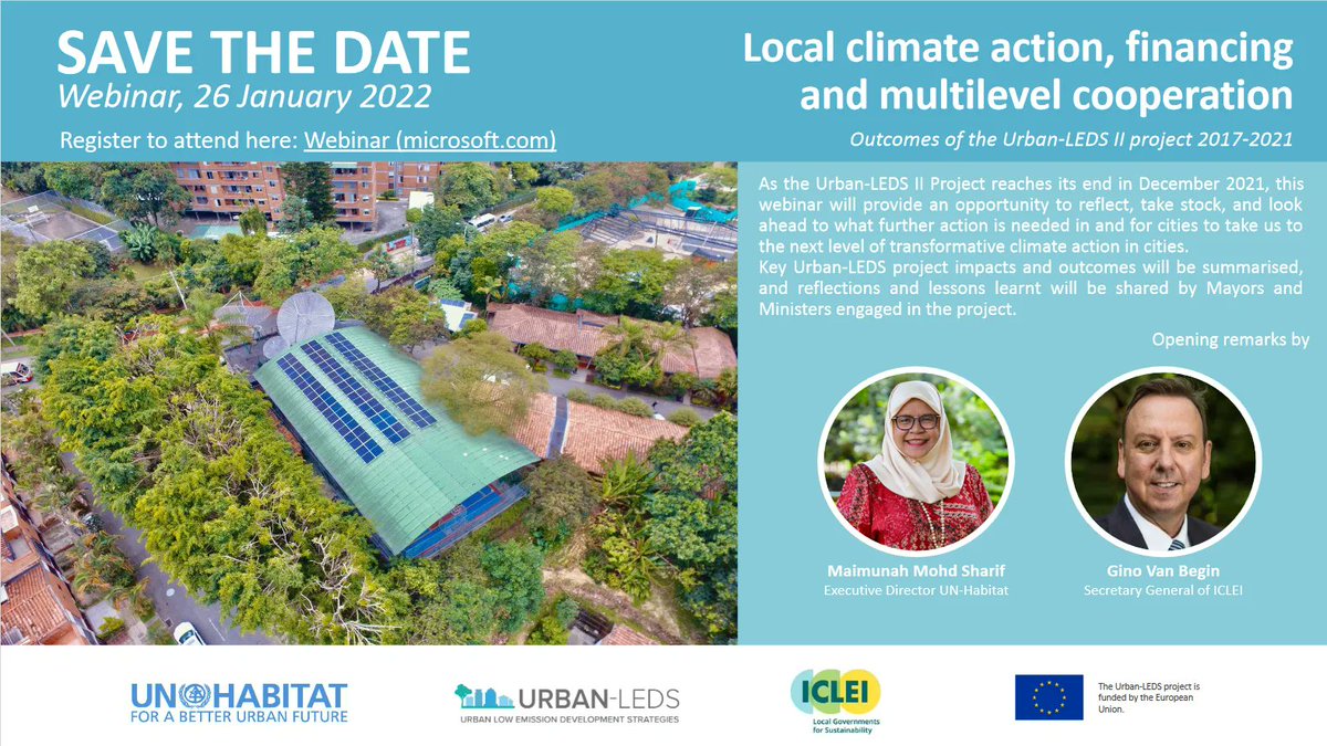 ICLEI's tweet photo. [LIVE IN 1 HOUR] Over four years, the #UrbanLEDS II project has worked with 60 cities in 8 countries to support their national #ClimateAction. Following the project's end in December 2021, this webinar will reflect on its impacts and outcomes.

LINK: https://t.co/RXybVJIhas https://t.co/Bno7ioL7vl