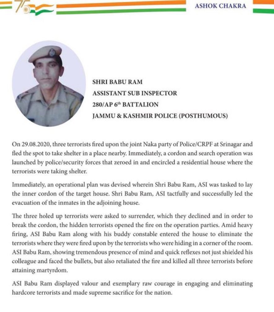 SandeepMehra_'s tweet photo. Salute @JmuKmrPolice hero, ASI Babu Ram ho gave ultimate sacrifice fr the Nation in an encounter with terrorists in Aug2020 in Srinagar, honoured with Ashok Chakra posthumously by the President of India today. 
#GreenForKashmir
#PatriotsOfKashmir
 https://t.co/UZEb79w1Lg
