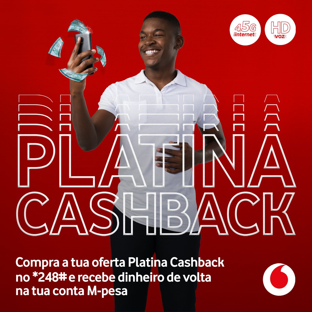 VodacomMz's tweet photo. Compra a tua #OfertaPlatinaCashBack no *248# e ganha Chamadas internacionais, muitos megas e SMS’s grátis e, recebe uma percentagem do dinheiro de volta na tua conta #MPesa.
T&C Aplicáveis.
#DinheiroDeVolta
#LigadosAsMelhoresOfertas
#LigadosTemosTudoBom https://t.co/yJ1Z75HA9d