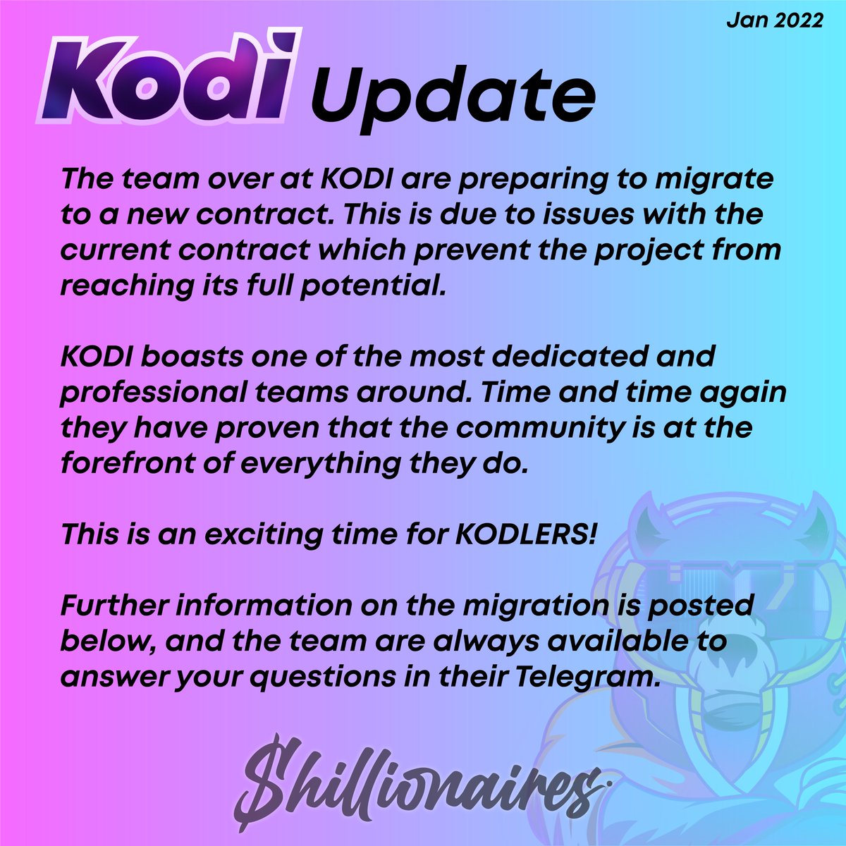 shillionaires's tweet photo. 📢 ICYMI: Our good friends at KODI are migrating to a new and improved contract.

More info in the photo and in the comments ⬇️ ⬇️ 
————-

🧧 Lucky Red Envelope 🧧 

$10 #BNB

-RT/Follow ♻️ 🔔 
-Follow @Kodi_Coin 

 #Crypto #YearOfTheTiger https://t.co/BRXU4n4BV9