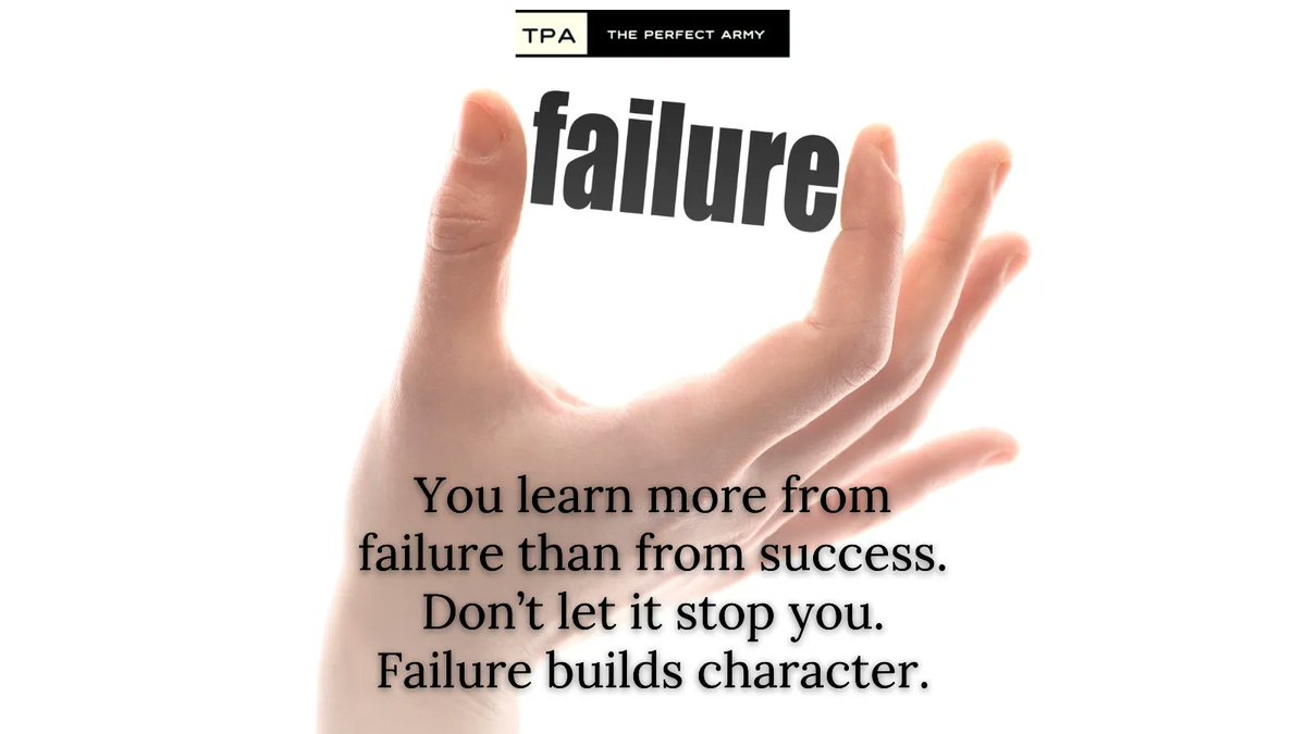 ThePerfectArmy's tweet photo. You learn more from failure than from success. 
Don’t let it stop you. Failure builds character.

#freelancer 
#workfromhome 
#hireava 
#virtualassistant
#failure
#success https://t.co/xFUIjXeN1z