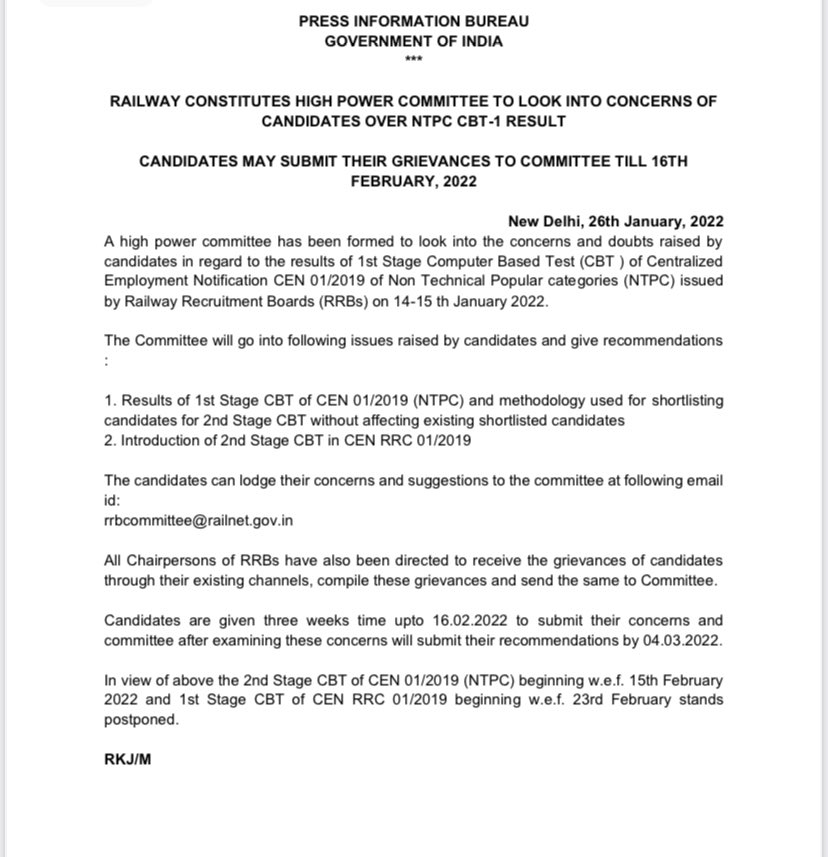 Railway constitutes High Power Committee to look into Concerns of Candidates over NTPC CBT-1 Result.

Candidates may submit their Grievances to Committee till 16th February, 2022

pib.gov.in/PressReleasePa…