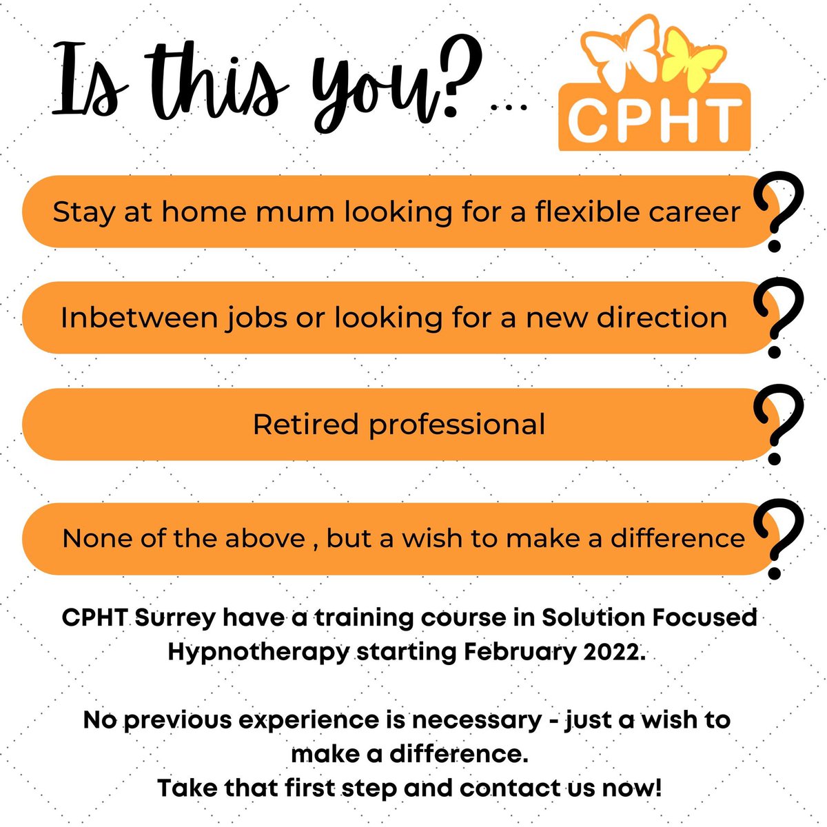 cphtsurrey's tweet photo. Our students come from all walks of life; counselling, teachers, nurses, stay at home parents, judges, retired…
Join our training course in Guildford - we are interviewing now for our next intake in February 2022.

👉 For more details, see our website https://t.co/AHyGmJkLHi https://t.co/44NWcbJ6q0