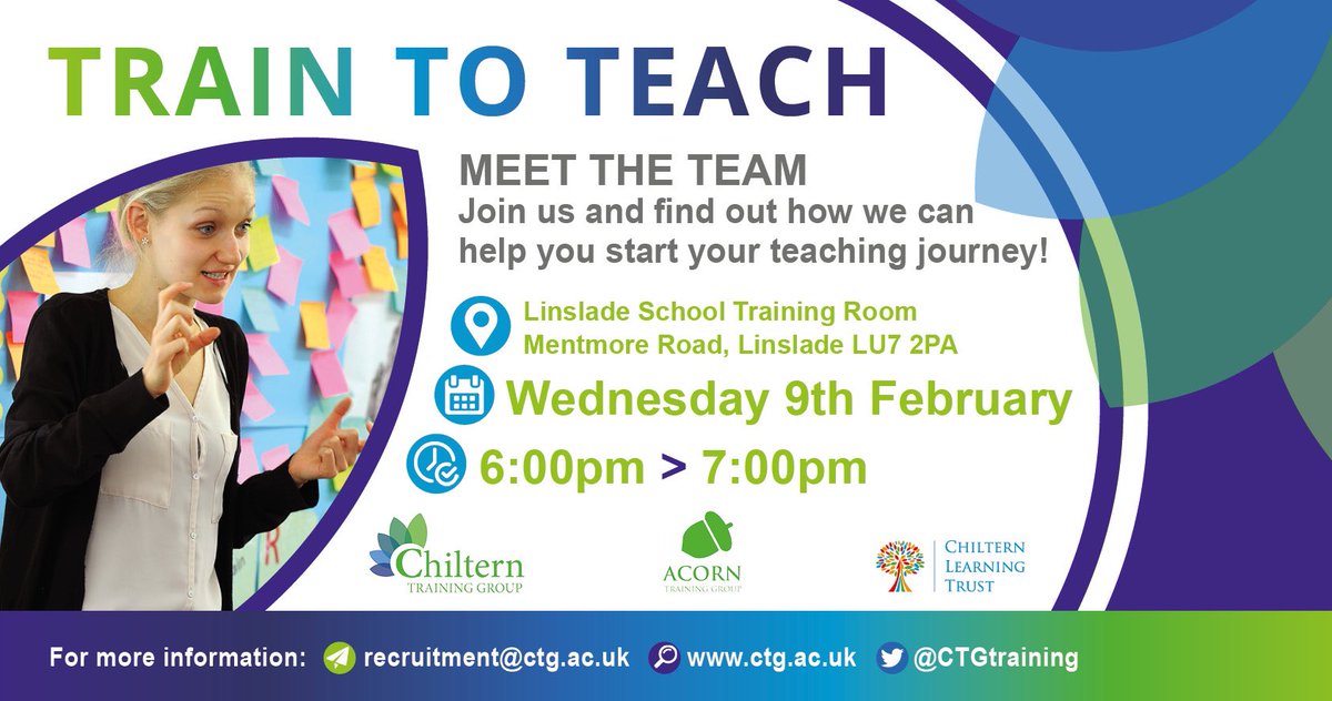 Mr R (@mrrteaching) on Twitter photo A great opportunity to meet the <a href="/CTGtraining/">Chiltern Training Group (CTG)</a> staff and find out more about our great courses and the supportive schools in which you will be based. Start that teaching adventure and come along. <a href="/ChilternLT/">Chiltern Learning Trust</a> #traintoteach #local #teacher A great opportunity to meet the <a href="/CTGtraining/">Chiltern Training Group (CTG)</a> staff and find out more about our great courses and the supportive schools in which you will be based. Start that teaching adventure and come along. <a href="/ChilternLT/">Chiltern Learning Trust</a> #traintoteach #local #teacher