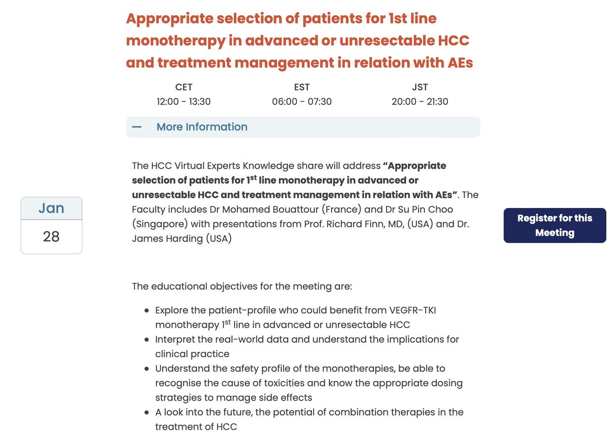hccconnectinfo's tweet photo. "GREAT OPPORTUNITY THIS WEEK"

Topic: Appropriate selection of patients for 1L #monotherapy in advanced or #unresectable #HCC &amp; treatment in relation with #AEs

When: 28 Jan 2022 at 12pm CET/8pm JST/6am EST

Sign up here: https://t.co/eTbzX8v7ul

#MedEd #HepatoCellularCarcinoma https://t.co/AV1ovMNNd4