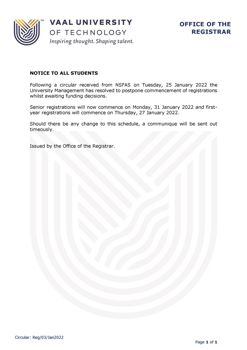 VUT_Online's tweet photo. NOTICE TO ALL STUDENTS- Registration Update https://t.co/9Xjuw9miCE