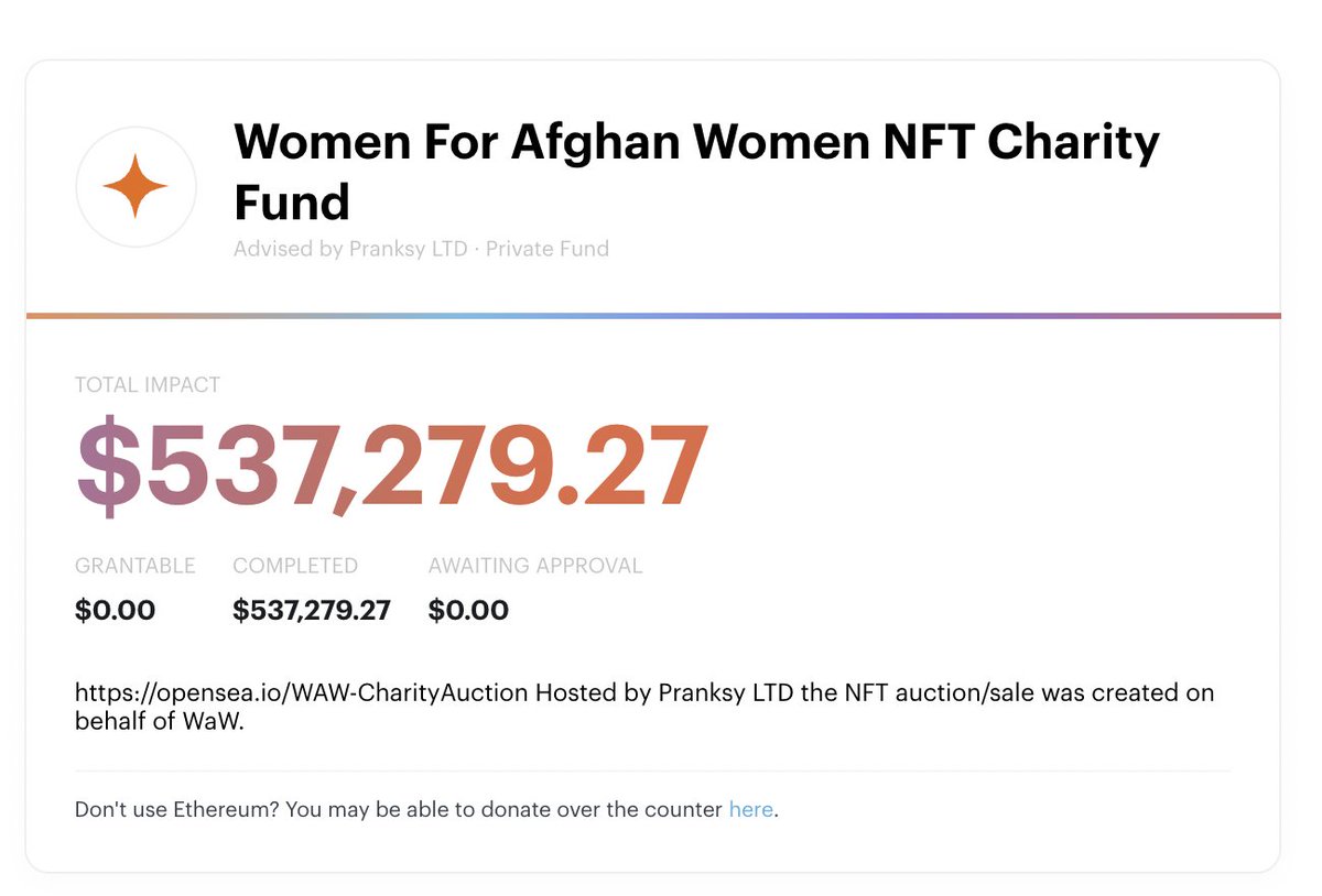 We've just completed the donation of $537,279.27 (thanks ETH price ☹️) to <a href="/WAWHumanRights/">WomenforAfghanWomen</a> which was the 2021 total raised by the #NFT charity auction we held on their behalf. The payment was sent via <a href="/endaomentdotorg/">Endaoment</a>. 🎉

app.endaoment.org/funds/b5d53489…

etherscan.io/address/0x181c…
