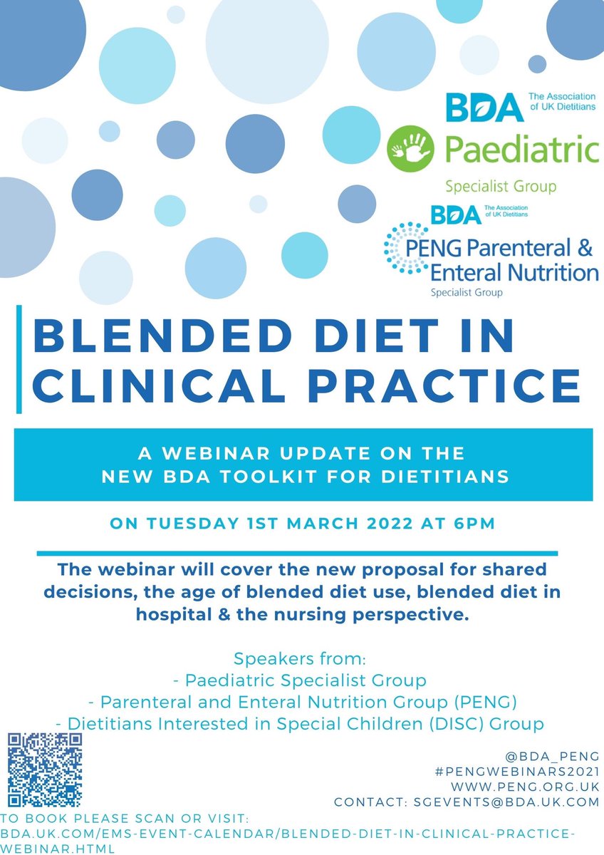 It has finally come!  How do we use blended diet in clinical practice in the UK? Your questions answered in this <a href="/BDA_PENG/">BDA Parenteral and Enteral Nutrition Group</a> &amp; <a href="/BDA_Paediatrics/">BDA Paediatric Group</a> webinar! Register today bda.uk.com/ems-event-cale…!