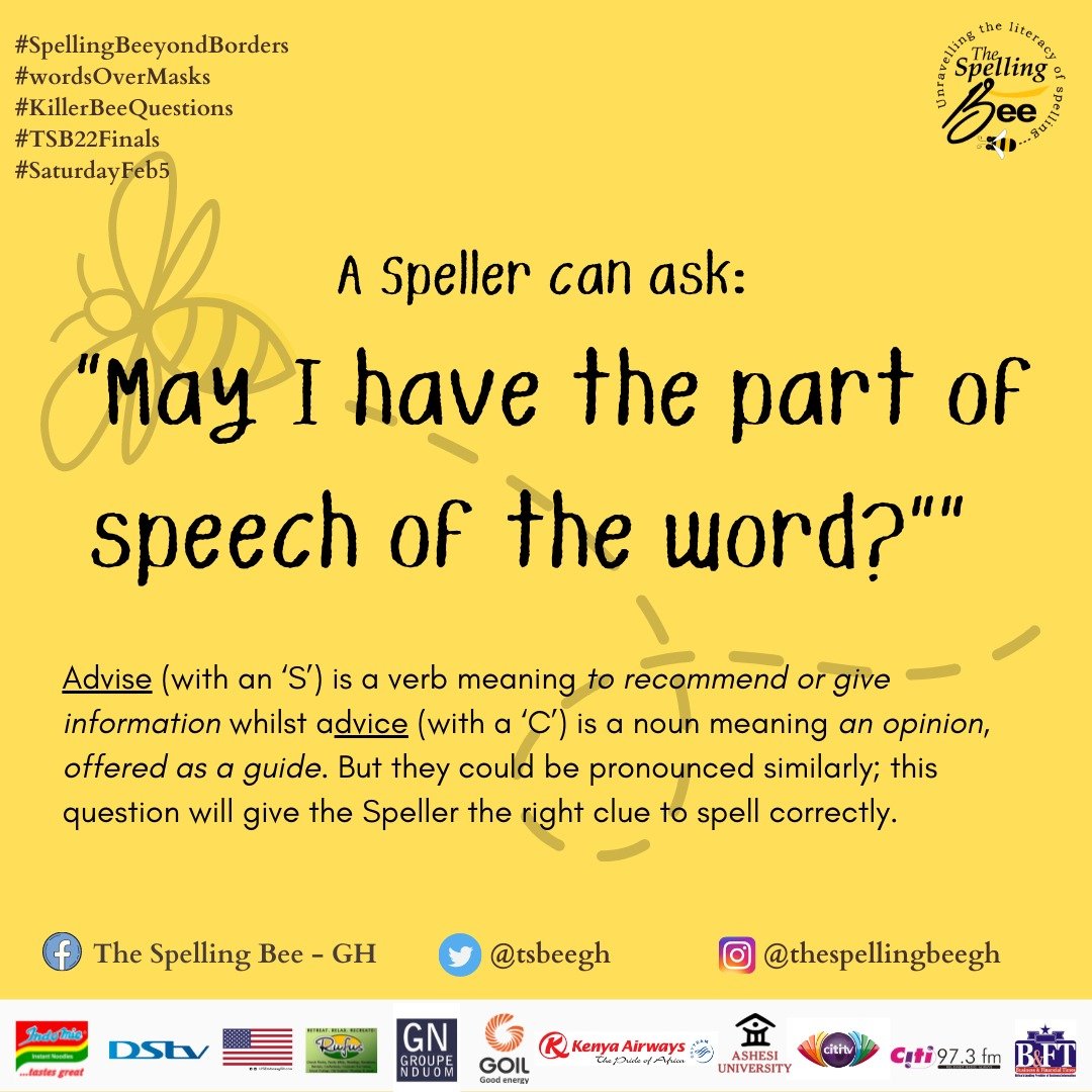 Shouldn't your 7-13 year old know this?  Enrol them now at thespellingbeegh.org

#SpellingBeeyondBorders #WordsOverMasks #KillerBeeQuestions 
#TSB22Finals
#February2022