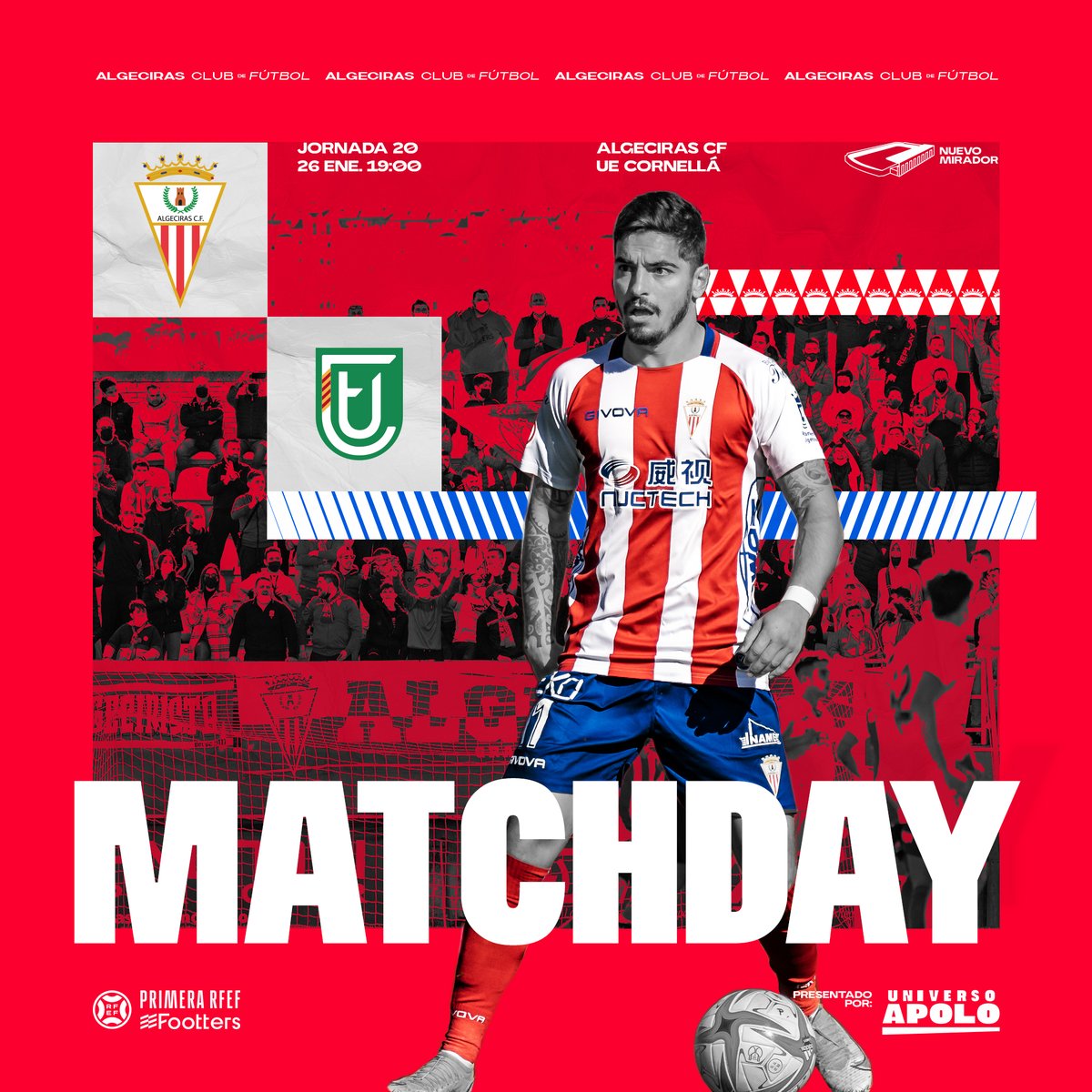 AlgecirasCF's tweet photo. MATCHDAY | ⚔️
Hoy no es fin de semana, pero por fin volvemos al templo.🏟️
🆚 @ue_cornella
🏟 Estadio Nuevo Mirador
🕞 19:00
🏆 J20. @Primera_RFEF
📻 @minutoes
📲 #ALGCOR
#UnaPasionEspecial
#AVencerPorTuAficion https://t.co/7GJcXvzbIa