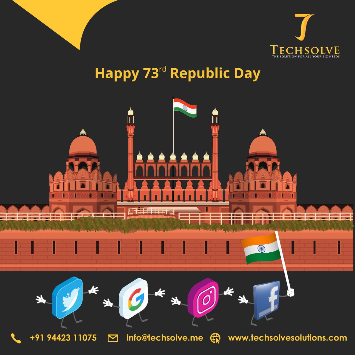 Techsolveteam's tweet photo. As we celebrate India's 73rd Republic Day, let us thank the soldiers who keep us safe, the frontline workers who put themselves in danger and every Indian who works for the glory of our great motherland. May this Republic Day bring peace, prosperity and good health to our country https://t.co/qhILLbzxEq