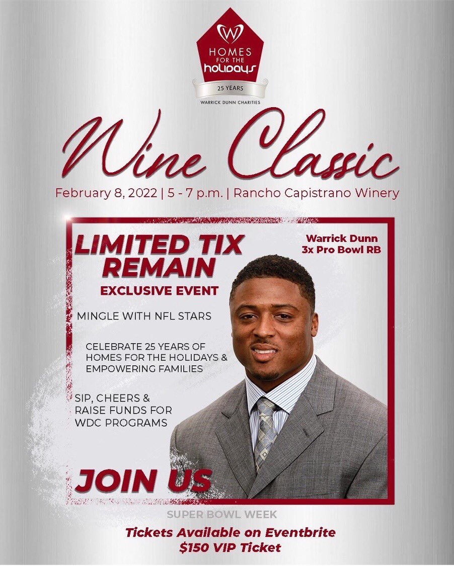 WDCharities's tweet photo. You don’t want to miss this! On February 8th, please join @WarrickDunn, @WDCharities, &amp; our @NFL friends at @RanchoCapWinery as we celebrate the 25th Anniversary of the Homes for the Holidays program &amp; raise funds to support WDC! VIP tickets are $150 via the link in our bio! https://t.co/5qgfe5TXIN