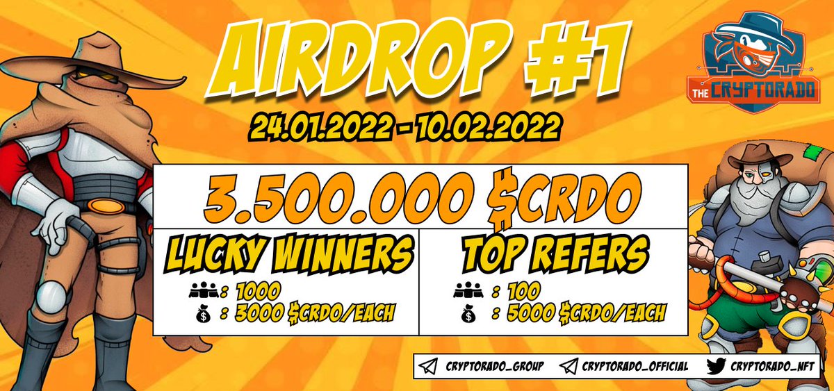 🔥 Cryptorado #Airdrop (CRDO)
⭐️⭐️⭐️⭐️
💰 Reward: 3,000 CRDO - 1,000 random users
👥 Referral: 5,000 CRDO - top 100 referrers

🔗 Airdrop Link: t.me/Cryptorado_Air…

• Follow @Cryptorado_NFT

🌐 About Cryptorado: Visit – cryptorado.online