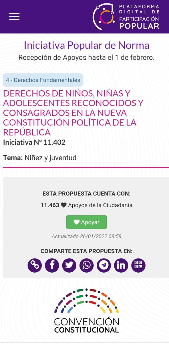 Nos quedan 2mil firmas ✒️ para la Iniciativa Popular de Norma N° 11.402 que busca el reconocimiento constitucional de niñas, niños y adolescentes. #NinezEnLaConstitucion 

👀Si todavía no firmas aquí puedes hacerlo: plataforma.chileconvencion.cl/m/iniciativa_p…