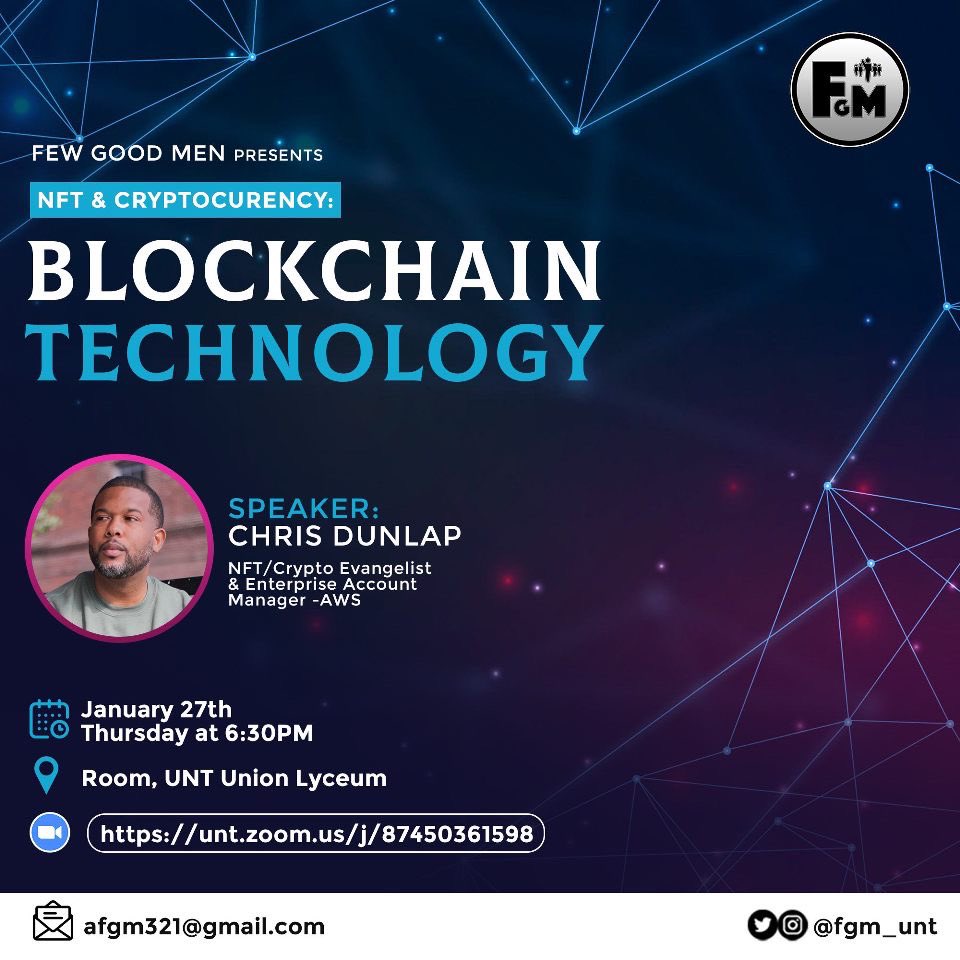 FGM_UNT's tweet photo. 🚨 1st meeting of the semester alert! 🚨 Join us in person or online on Thursday, January 27th @ 6:30 PM in #UNTUnion Lyceum
Topics include:
#PersonalEnergy
#BlockchainTechnology
#CryptoCurrency
#FGM #UNT #UNT25 #UNT24 #UNT23 #UNT22 https://t.co/X2P6htjbzC