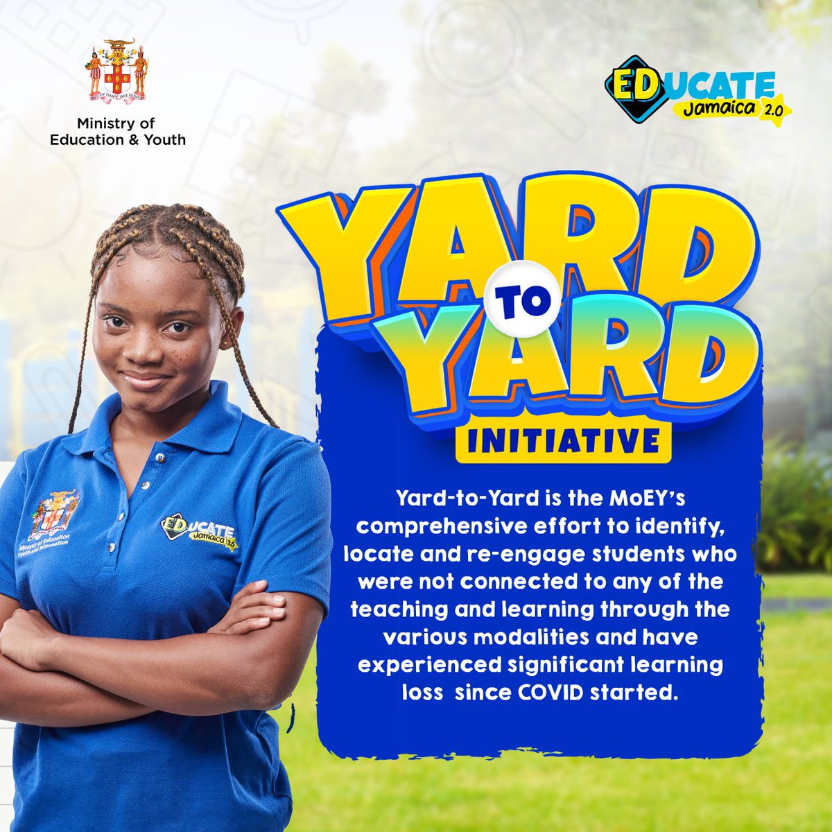 MOEYJamaica's tweet photo. Yard-to-Yard is the MoEY’s comprehensive effort to identify, locate and re-engage students who were not connected to any of the teaching and learning through the various modalities and have experienced significant learning loss since COVID started.
#MOEY #Educateja #YardtoYard https://t.co/yqpB2LUEci