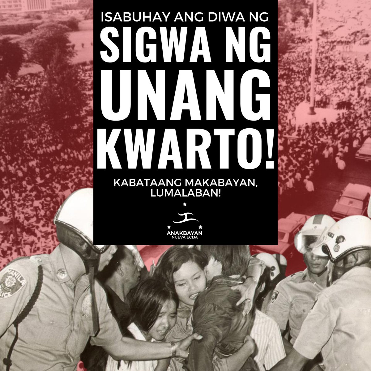 anakbayan_ne's tweet photo. Ngayong araw, ginugunita natin ang FIRST QUARTER STORM — ang serye ng kolektibo, militante at palabang kilos-protesta at mobilisasyon na pinangunahan ng 50,000 kabataan at estudyanteng lumalaban para sa pambansang demokrasya. https://t.co/QmnPZFZ5nH