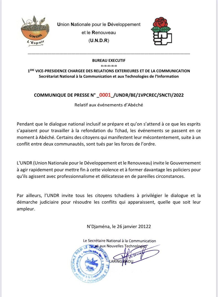 UNDR_Tchad's tweet photo. Communiqué du parti suite aux événements qui se passent à Abéché. https://t.co/isa0hHokCr