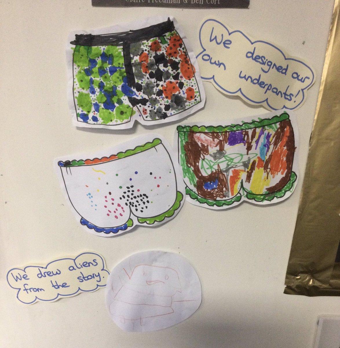 HTAClassKuczak's tweet photo. This week the classroom fairies delivered ‘Aliens Love Underpants’. So far this week we have designed our own alien pants, created our own aliens and baked alien cupcakes! We also all worked together to make a space alien helmet by threading straws and pipe cleaners 👾 https://t.co/Wz1MN1Xorr