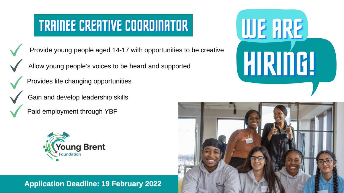 WE ARE HIRING!

🔊 Calling all 14-17 year olds! 

Trainee Creative Coordinators 

An exciting &amp; unique paid opportunity to join a small but growing infrastructure organisation for children &amp; young people in #Brent ✅

For more info or to apply visit youngbrentfoundation.org.uk/vacancies/yout…