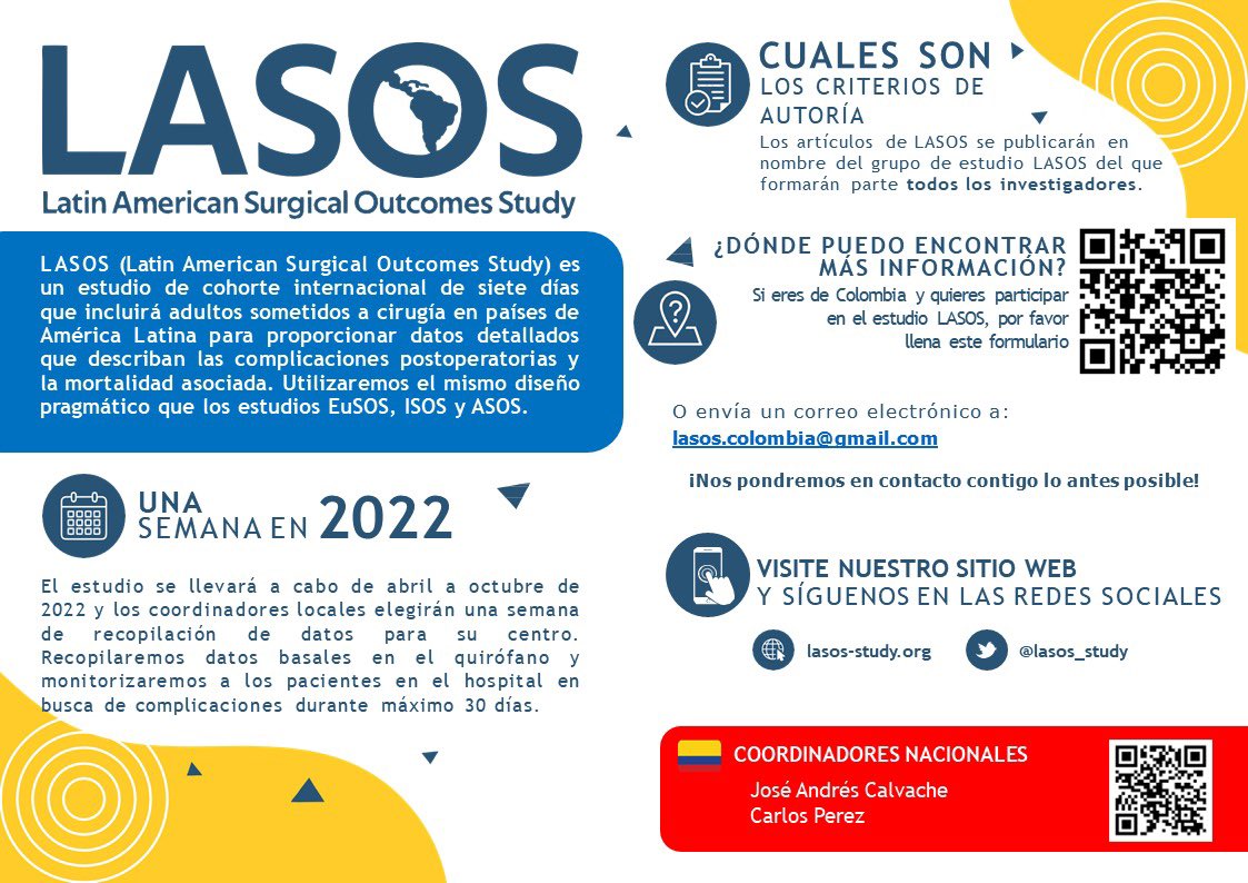 jacalvache's tweet photo. Quieres unirte a este gran estudio #joinLASOS ! Buscamos conocer la mortalidad post operatoria en Colombia y Latinoamérica !  #LASOS @LASOS_STUDY @IETSColombia @MinSaludCol @carlosperez_18 https://t.co/7hzKfWz0lL