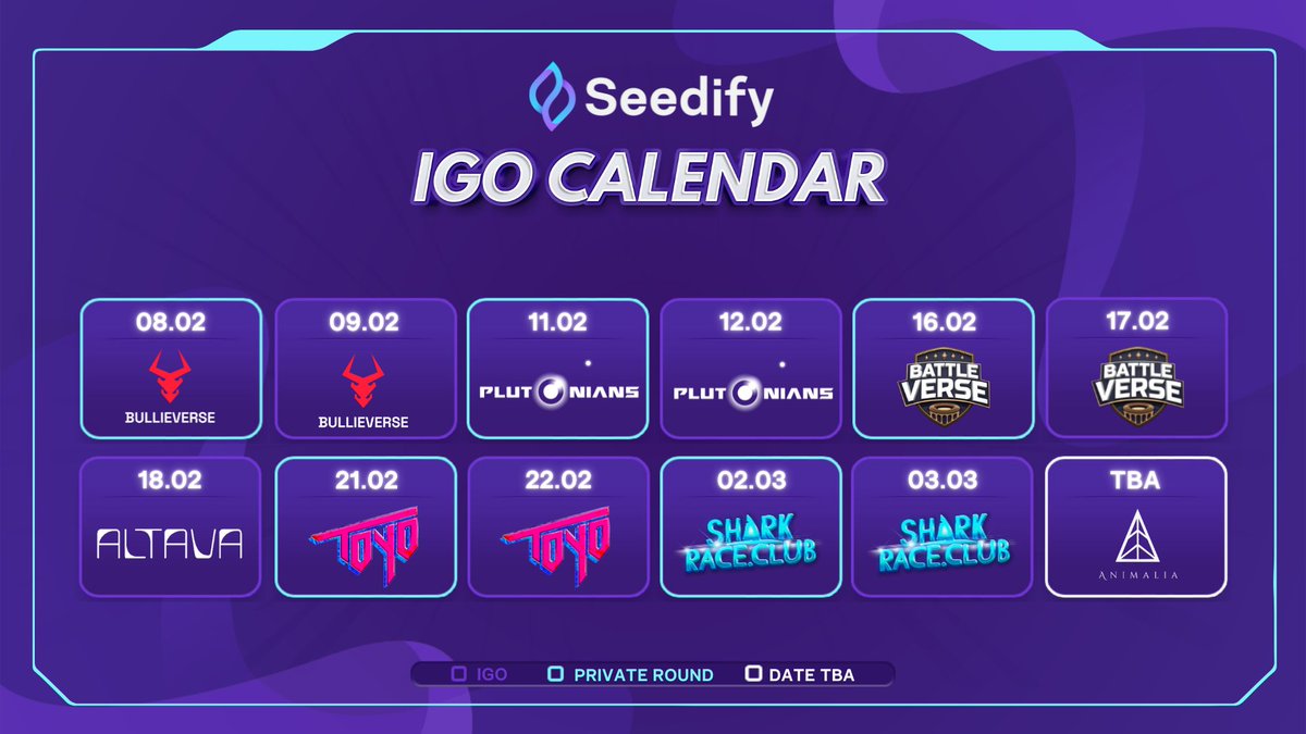 Seedify (@seedifyfund) on Twitter photo Prepare for a February full of fantastic #IGOs and Private Sales too!🚀🔥
📅Feb. 8 & 9-<a href="/Bullieverse/">Bullieverse</a>
📅Feb. 11 & 12-<a href="/plutoniansgame/">PLUTONIANS</a>
📅Feb.16 & 17-<a href="/BattleVerse_io/">BattleVerse</a>
📅Feb. 18-<a href="/altavagroup/">ALTAVA</a>
📅Feb. 21 & 22-@ToyoVerse
📅Mar.2 & 3-<a href="/sharkraceclub/">Sharkrace club</a>
📅TBA-@Animalia_token
Ready? Prepare for a February full of fantastic #IGOs and Private Sales too!🚀🔥
📅Feb. 8 & 9-<a href="/Bullieverse/">Bullieverse</a>
📅Feb. 11 & 12-<a href="/plutoniansgame/">PLUTONIANS</a>
📅Feb.16 & 17-<a href="/BattleVerse_io/">BattleVerse</a>
📅Feb. 18-<a href="/altavagroup/">ALTAVA</a>
📅Feb. 21 & 22-@ToyoVerse
📅Mar.2 & 3-<a href="/sharkraceclub/">Sharkrace club</a>
📅TBA-@Animalia_token
Ready?